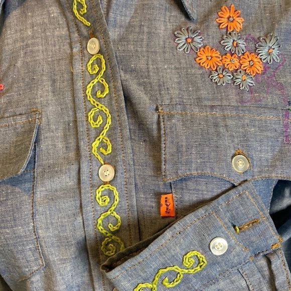 Levi’s Embroidered Chambray Shirt Vintage 70s S Hippie Western Cowboy Rockabilly - Picture 13 of 16